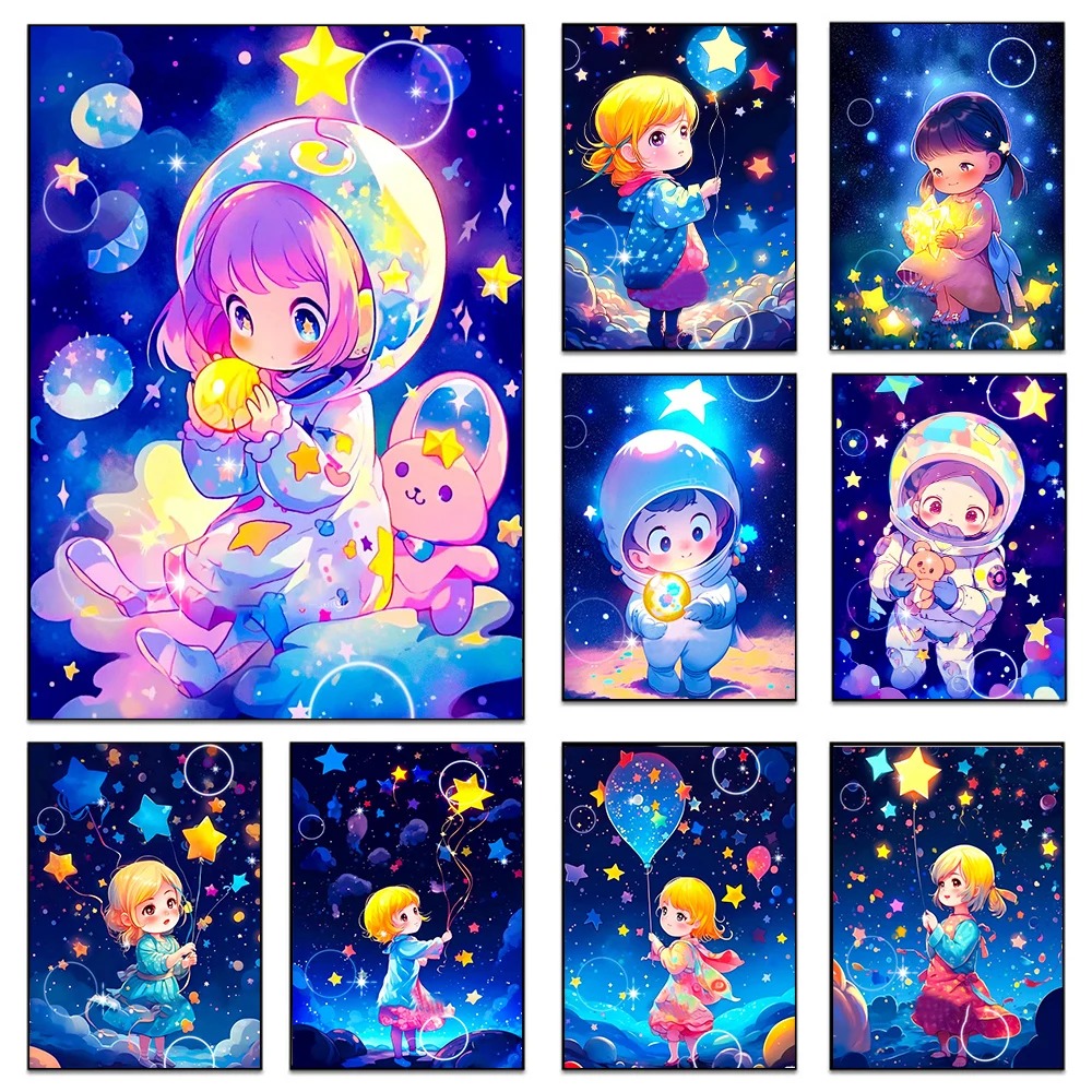 Мультяшная звезда астронавт 5D полноформатная круглая амортизирующая картина наборы милая девушка со звездой воздушный шар Сделай Сам мозаика вышивка крестиком