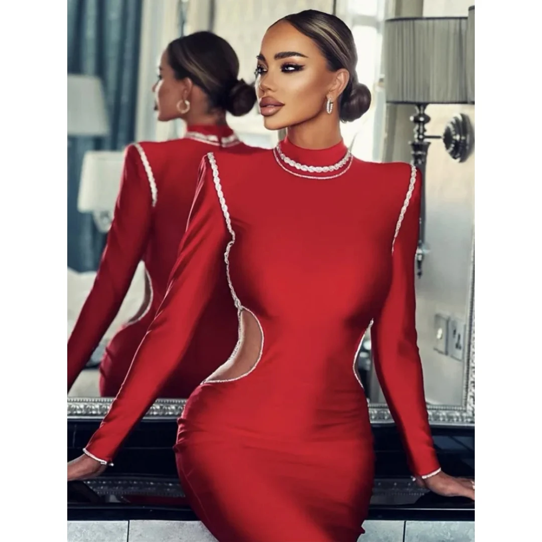 Women's Turtleneck Long Sleeve Red Midi Bodycon Bandage Prom Dress 2024 Winter Sexy Elegant Party Stage Performance Dresses