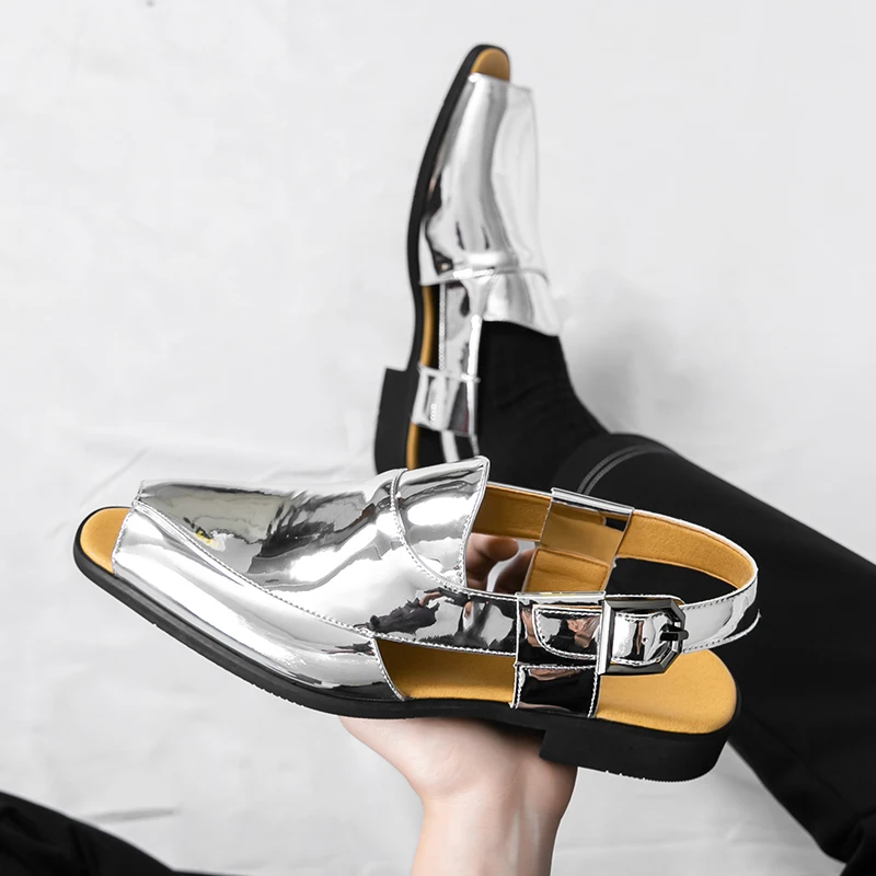 Men's Shiny Patent Leather Back Strap Sandals 38-46 Peep Pointed Toe Minimal Flat Non Slip Outsole Trendy Gold Silver Loafers