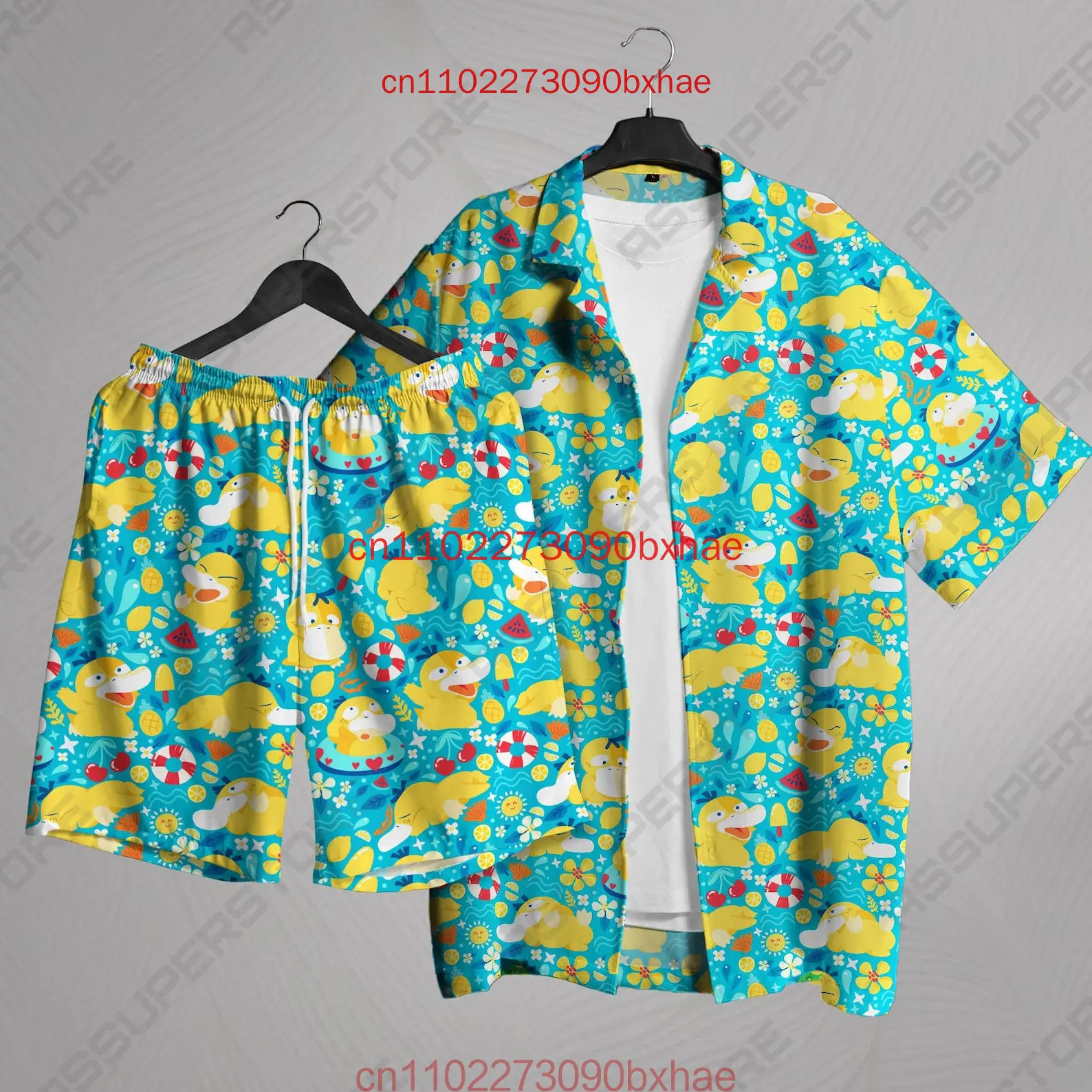 

New psyduck Hawaiian Shirt Summer Pokemon Tropical Hawaii Set Hawaii Button Up Shirt 3D Print Men's Retro Fashion Beach Shirt