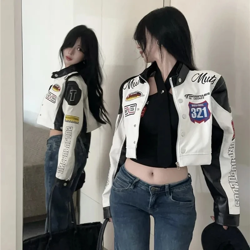 2025 Spring Autumn Coat American Street Hot Girl Motorcycle Couple Leather Jacket PU Leather Embroidered Baseball Uniform Jacket