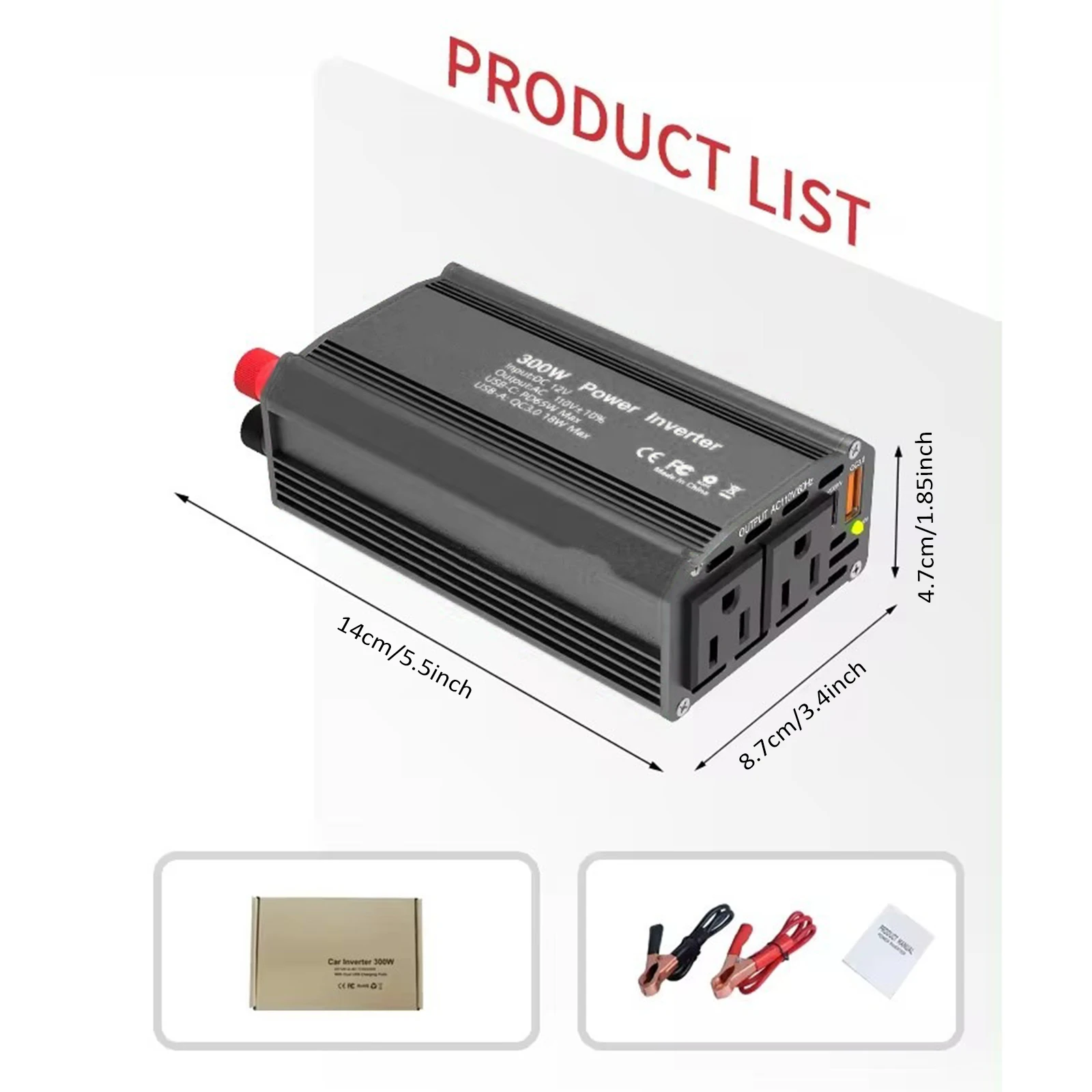 300W Power Inverter 12V DC To 110V AC Automotive Conversion Power Supply QC3.0 With PD65W USB-C Charging Port 18W