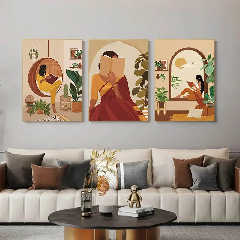 Indian Woman in Saree Reading Book Portrait Canvas Poster South Asian Girl Illustration Nordic Wall Pictures Home Room Decor