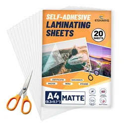 20 Sheets Matte Self-Adhesive Laminate Sheets, A4 Size(8.3x11.7 Inch)Transparent, Waterproof, Easy to Apply, with Protects Photo