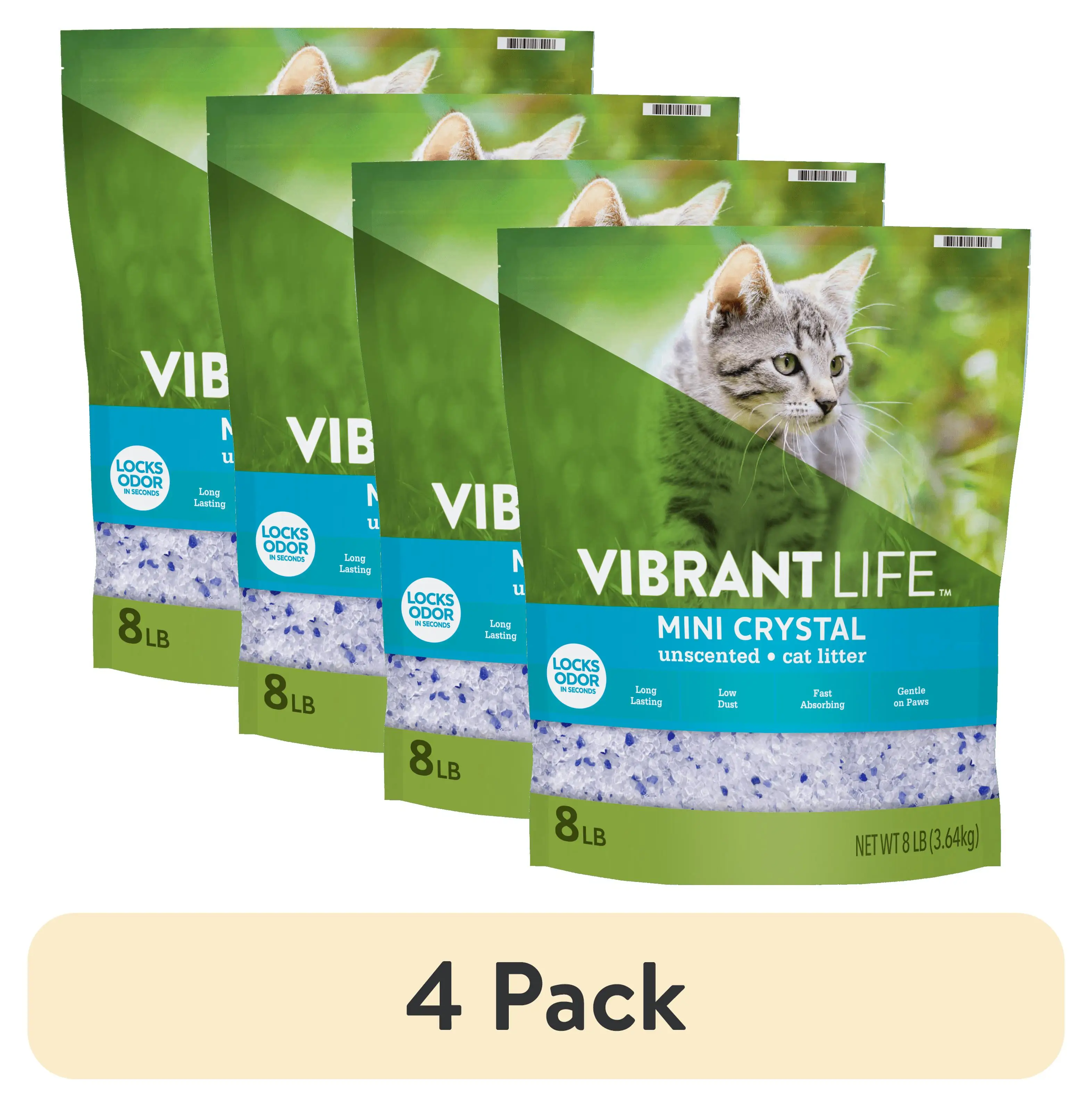 

4 pack mini crystal cat litter unscented 8 lb per bag