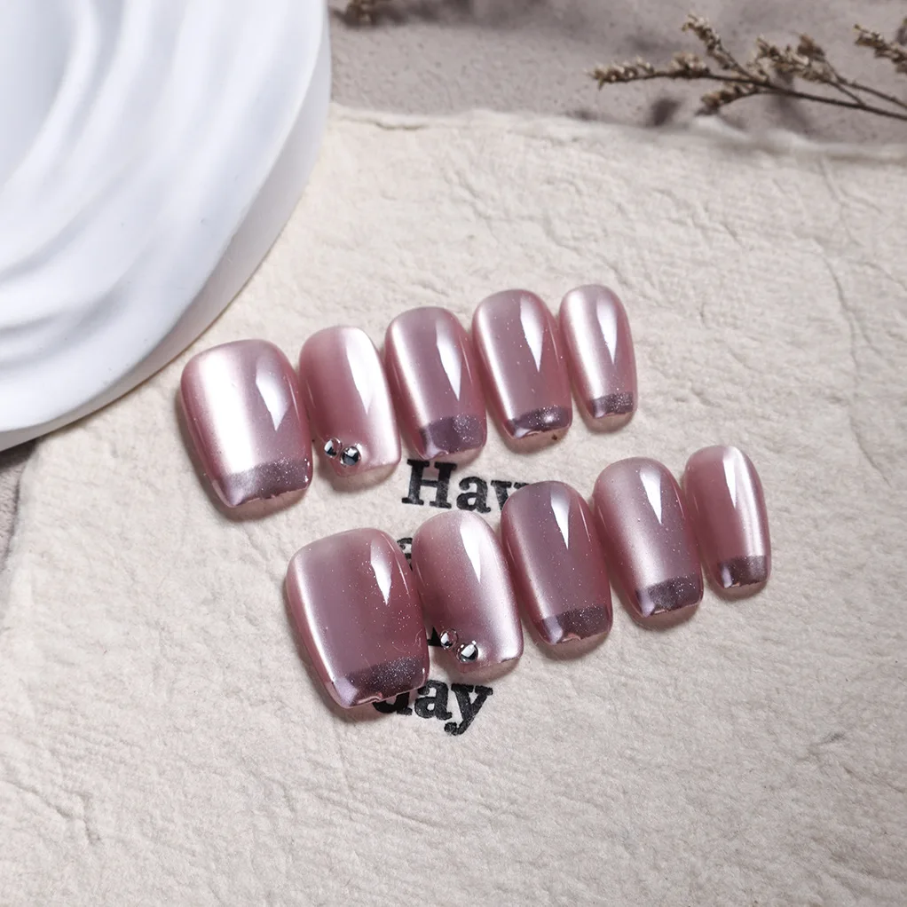 

10PCS Aqua Pearl Press on Nails Square Pink Cat Eye with Chrome Mirror Effect Handmade False Nails Glossy Full Cover for Women