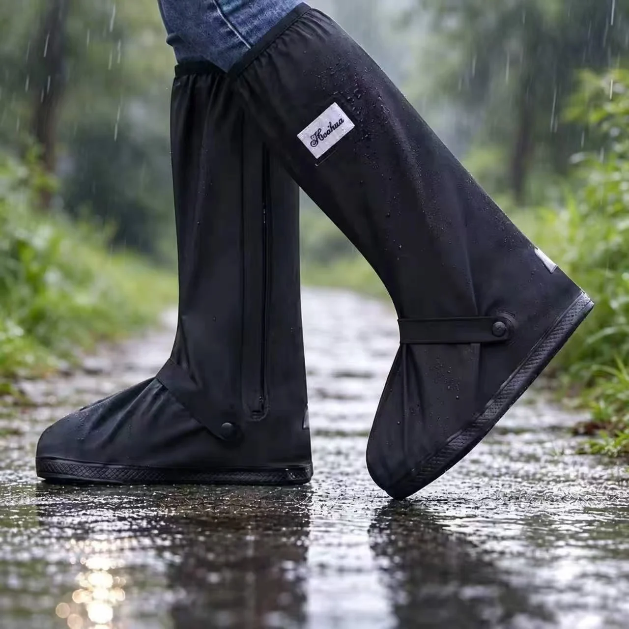 Reflective High Ankle Reusable Rain Shoe Covers, Waterproof Non-slip Foot Cover for Motorcycle Cycling Outdoor Use