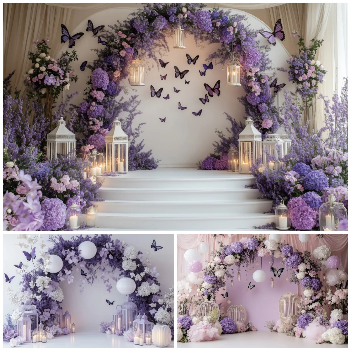 

Фиолетовый цветочный арочный фон с бабочкой, фонарь, свеча, декор для романтической свадьбы, взрослый ребенок, день рождения, фон для фотостудии