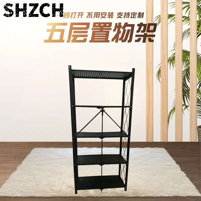 Foldable storage rack, five layers, black color, steel pipe welding assembly. Suitable for storing miscellaneous items, books an