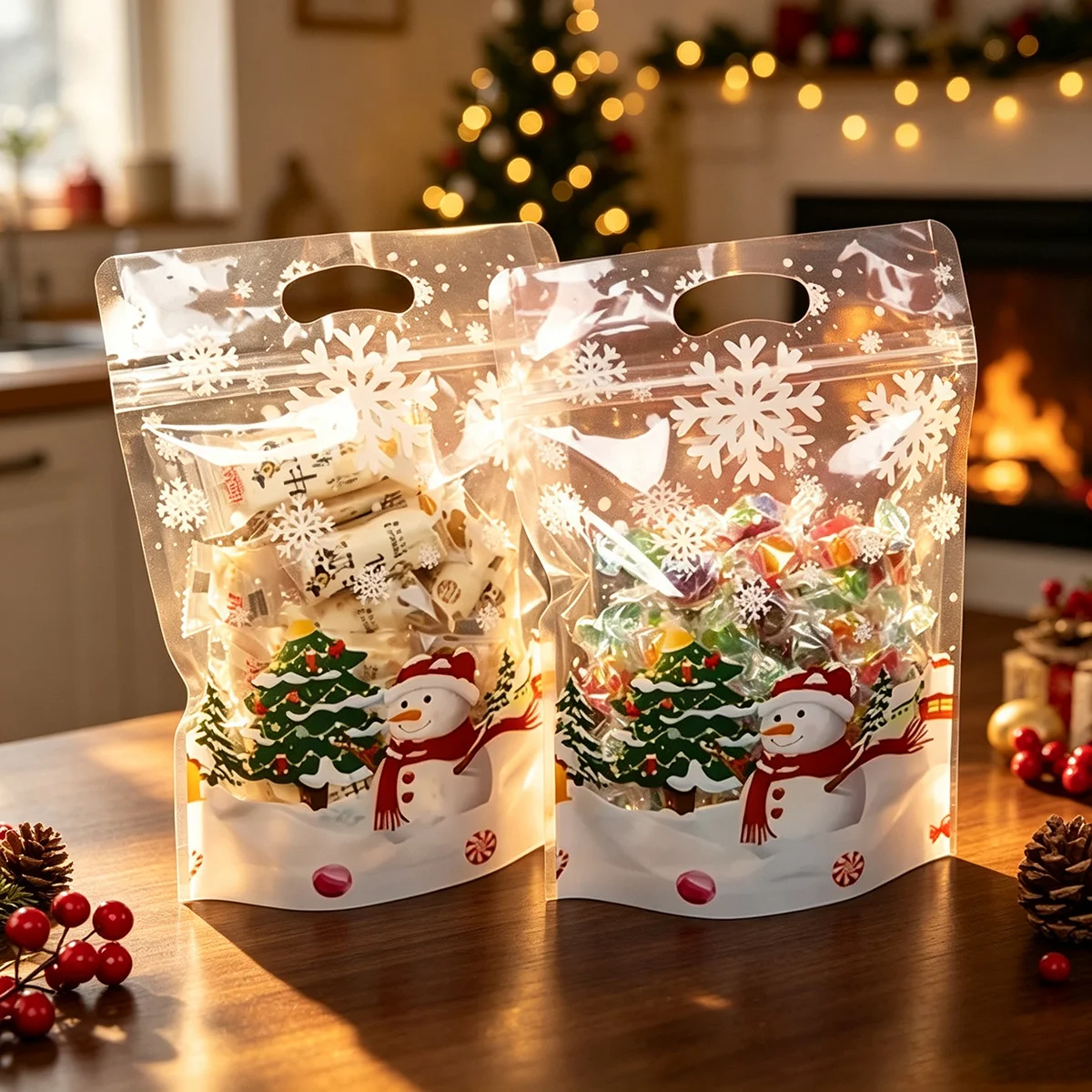 30/60pcs Transparent Snowflake Packaging Bags, Clear Christmas Cookie Sealing Bags with Handles Snowman Plastic Bags