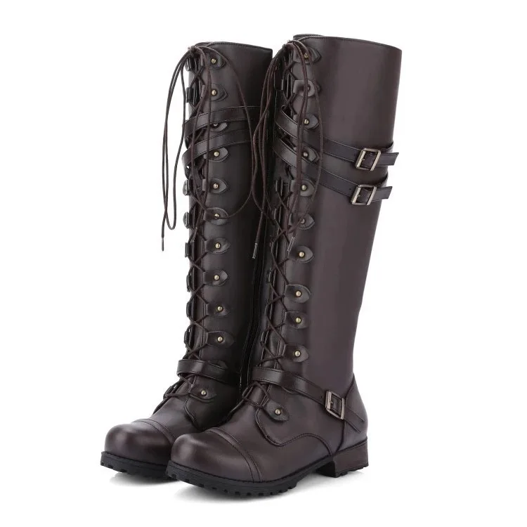2026 New Fashion Women Knee High Boots Lace Up Platform Shoes PU Retro Belt Buckle Luxury Shoes Designer Low Heel Knight Boots