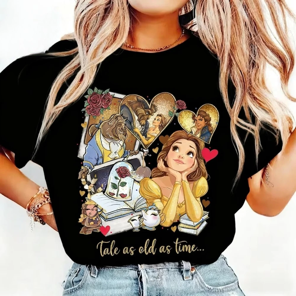 تي شيرت Beauty and The Beast Disney Princess مطبوع صيفي من القطن الناعم فضفاض ومريح وناعم كاجوال للجنسين بأكمام قصيرة