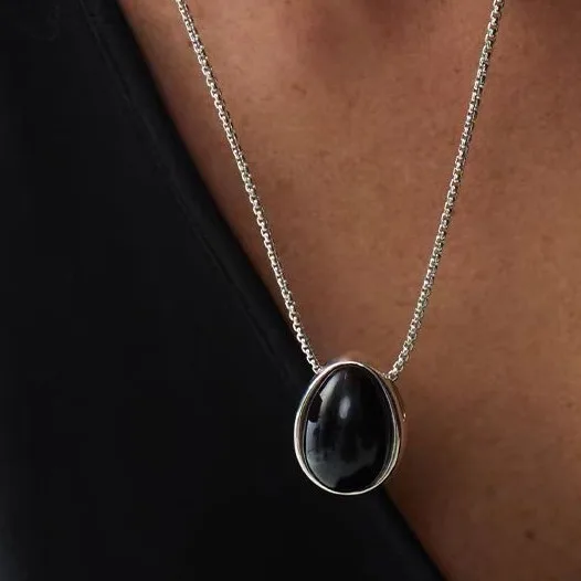 Obsidian double-sided egg shaped pendant sweater chain, niche design, fashionable and versatile collarbone chain