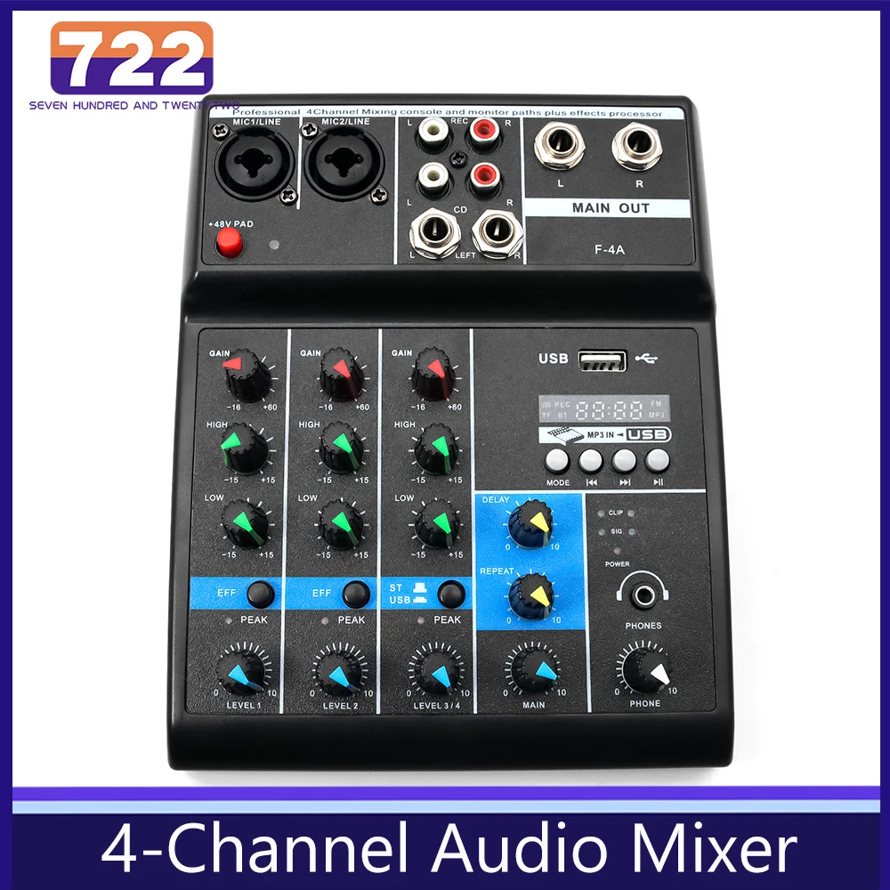 HD 4-channel Audio Mixer Portable Bluetooth-compatible USB Sound Mixing Console Input Phantom Power Monitor Interface Computer