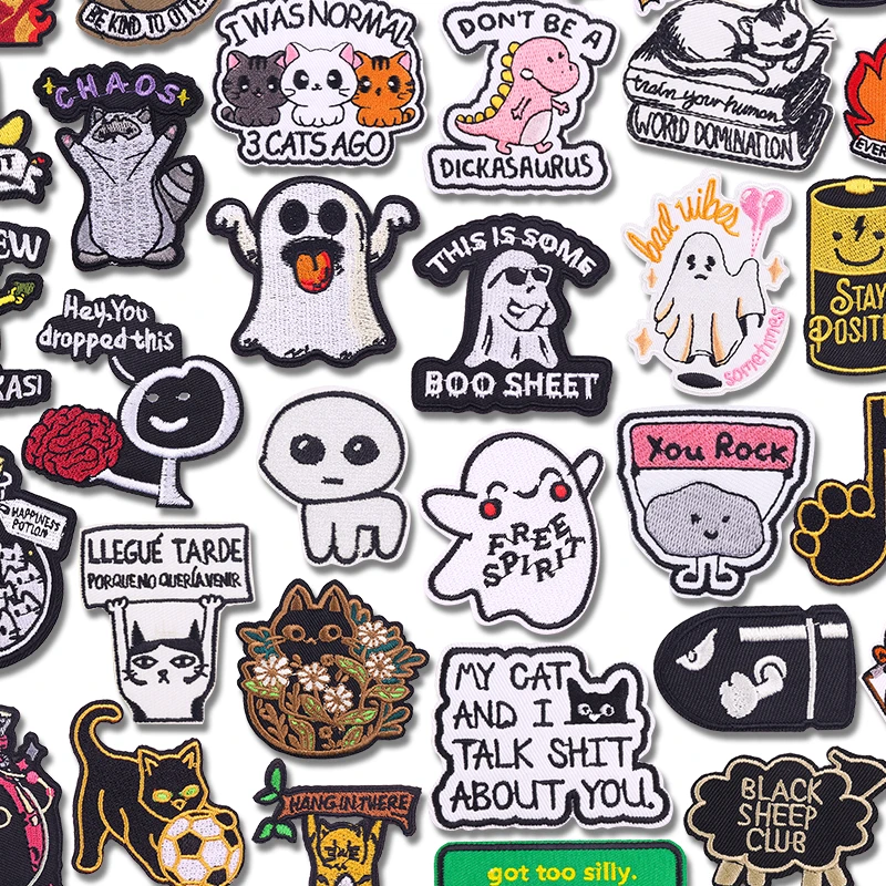 Nette Geist Gestickte Patches DIY Cartoon Tier Katze Patch Eisen Auf Patches Für Kleidung Thermoadhäsive Patches Für Kleidung