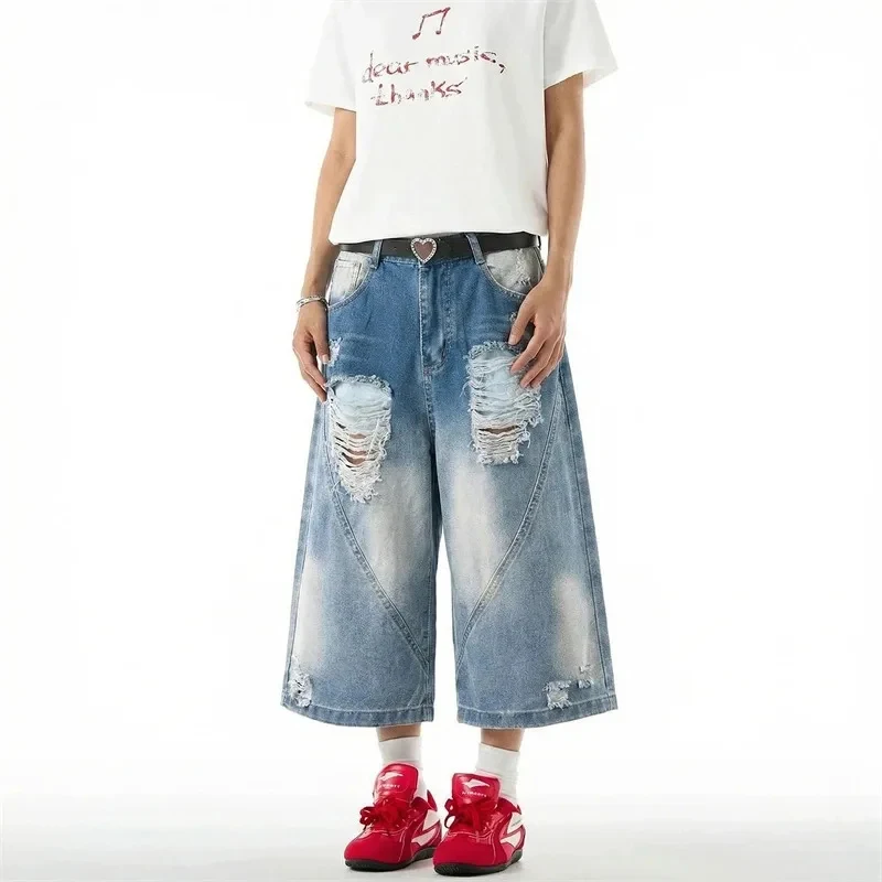 

Vintage Men's Ripped Cropped Shorts Washed Distressed Wide Leg Baggy Fit Streetwear Casual Denim Jeans