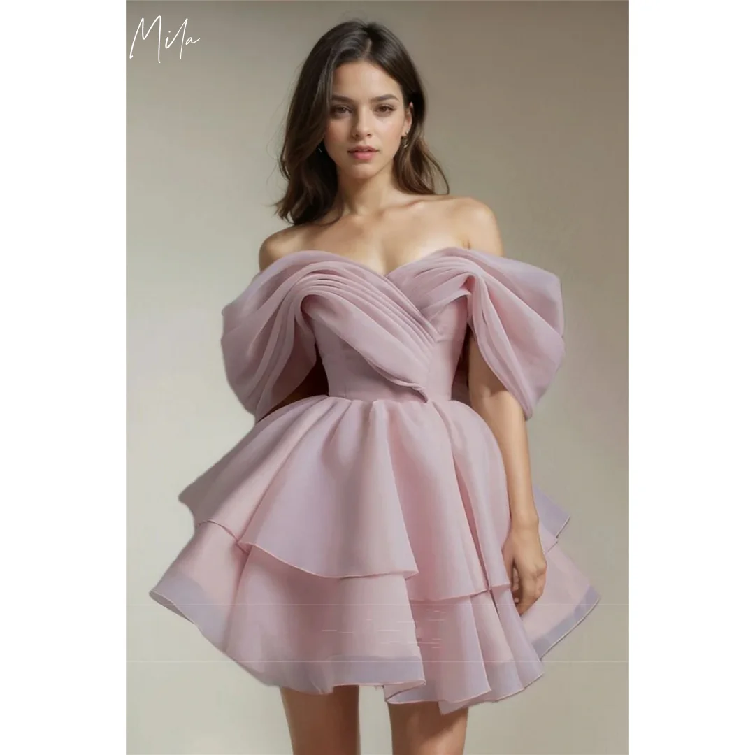 

Kobe Pink Off the Shoulder Mini Party Dresses Cascading Ruffle Evening Dresses Tulle Homecoming Customized Prom Dresses 2025