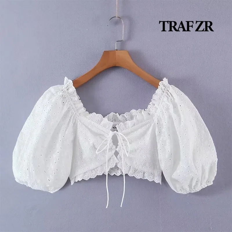 TRAF ZR Short Lace Top for Women Adjustable Front Ties Lined Puff Sleeves Ruffled Neck Cropped Sexy Top Ruffle Stylish Blouse