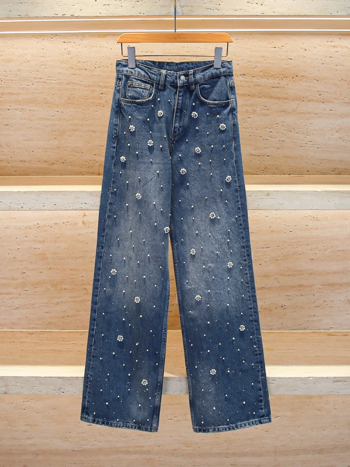 

Heavy Embellied Denim Wide Leg Long Pants for Women Spring Summer Design High Waist Zipper Fly Casual Sle Blue Jeans