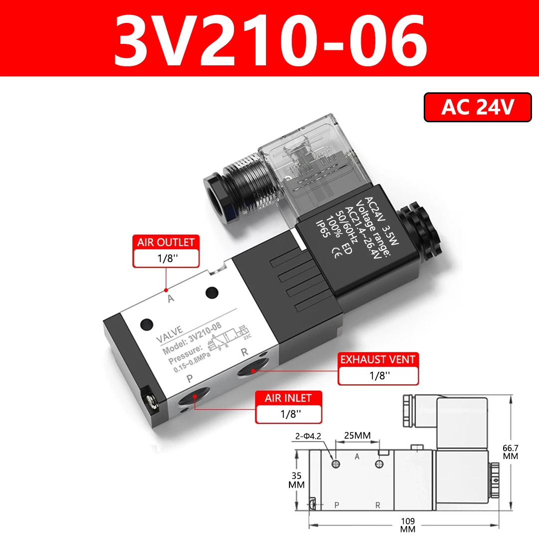 ABILKEEN 2V210-06/08 Air Solenoid Valves Normally Closed 3 Way 2 Position Pneumatic Solenoid Valve 12V 24V 36V 110V 220V