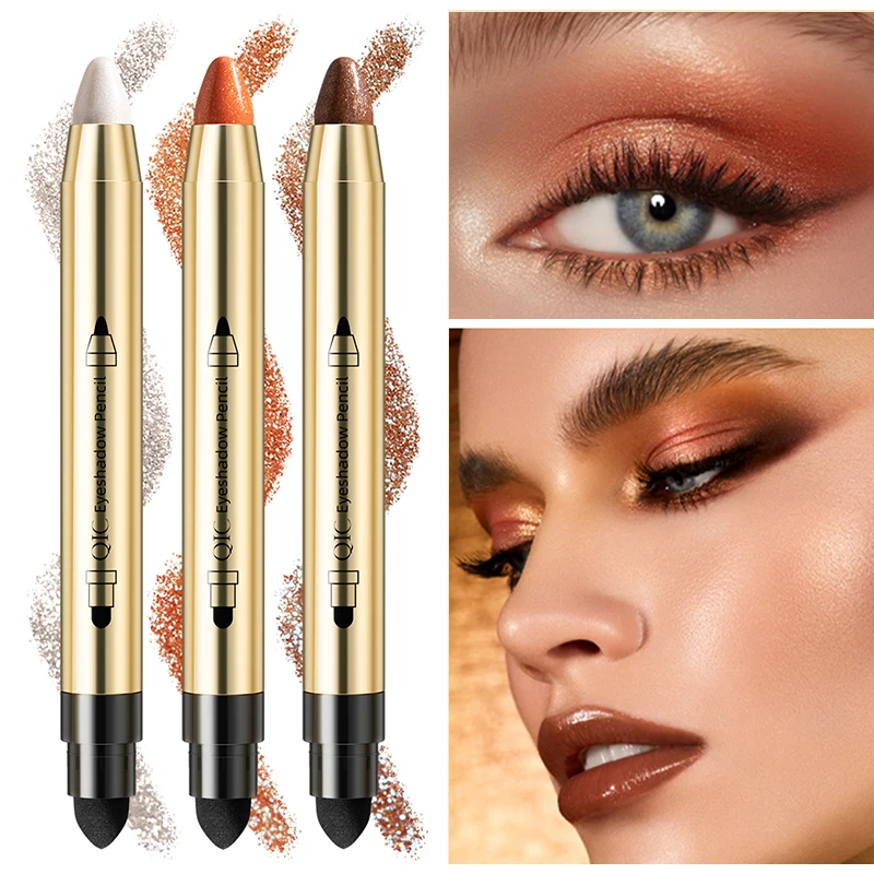 Lápiz de sombra de ojos con purpurina de doble extremo, resaltador de maquillaje, Base brillante impermeable, imprimación de cejas