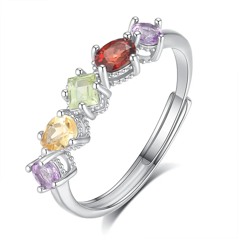 

Real 925 Sterling Silver Elegant Resizable Size Ring for Women Summer Multicolor Natural Topaz Citrine Garnet Amethyst Peridot