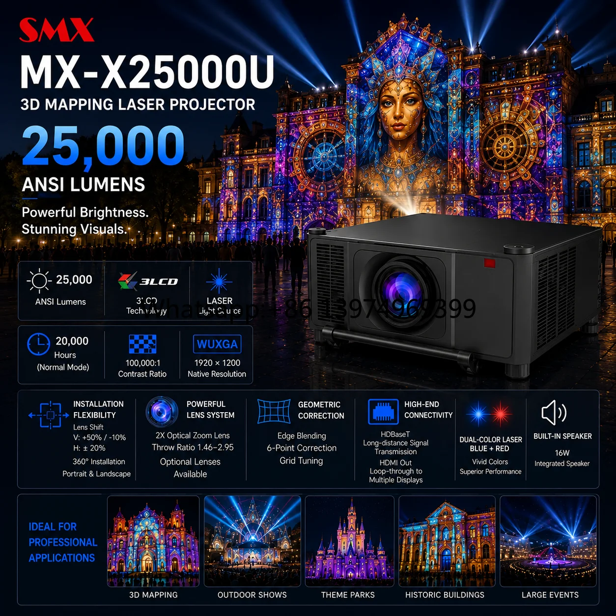 SMX 25000 Lumen Dual Color Laser Projector WUXGA for Outdoor 3D Mapping Large Venue Stage Show 3-Year Warranty
