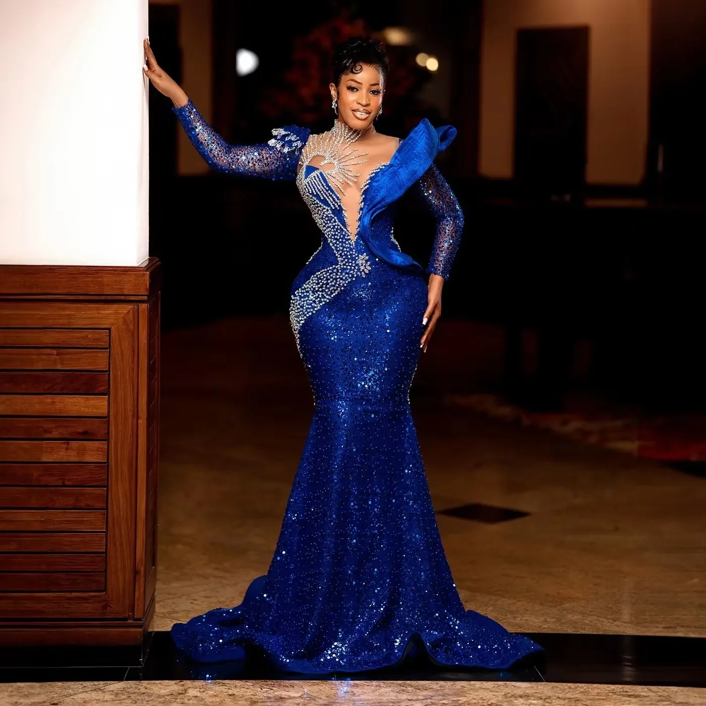 

Customized Royal Blue Mermaid Aso Ebi Prom Dresses Beaded Sequins African Bridal Reception Gown Black Women Party Evening Dress