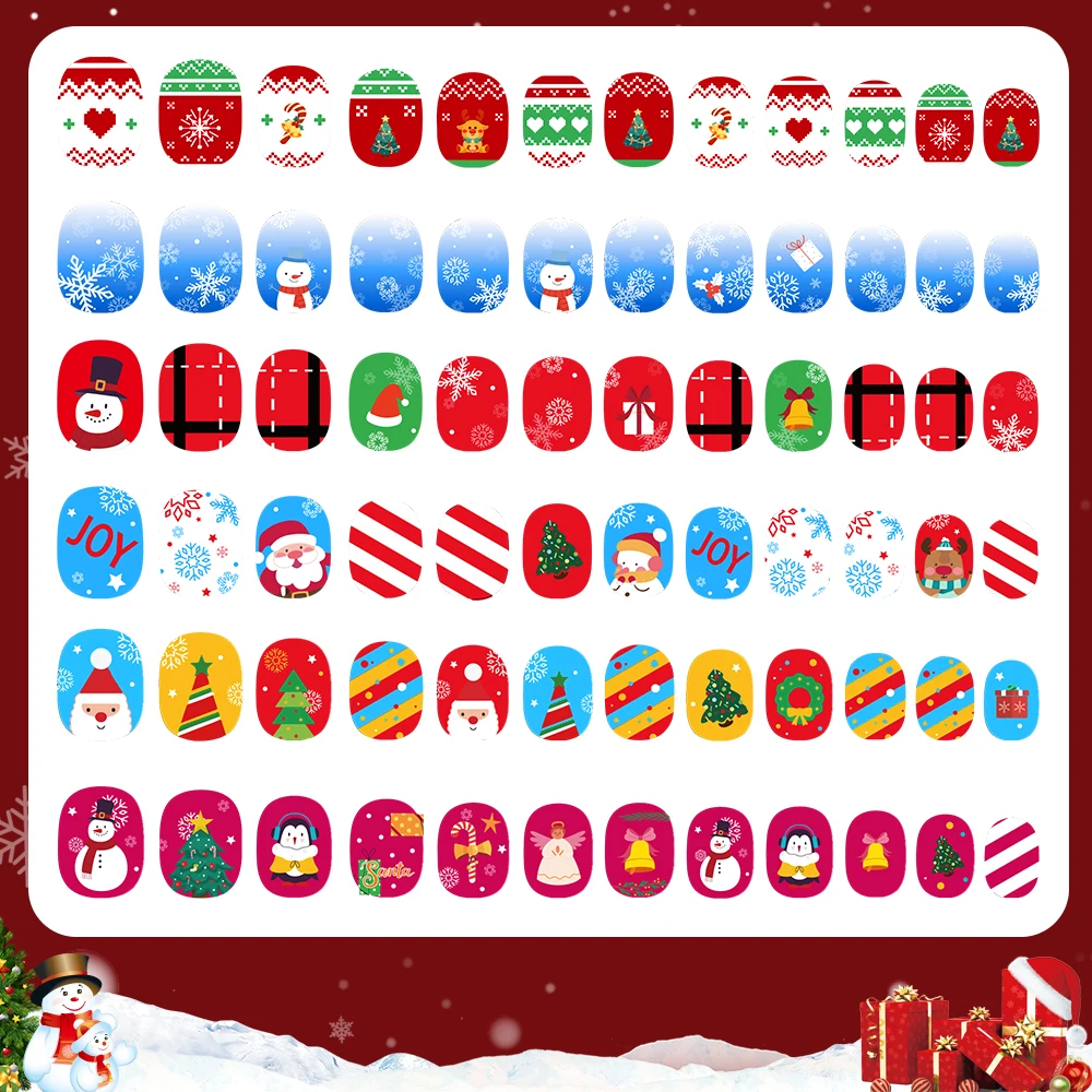 144Pcs/Box Kids Girl Christmas Press on Nails Cartoon Santa Claus Snowflake False Nail Tips Children Short Artificial Fake Nails
