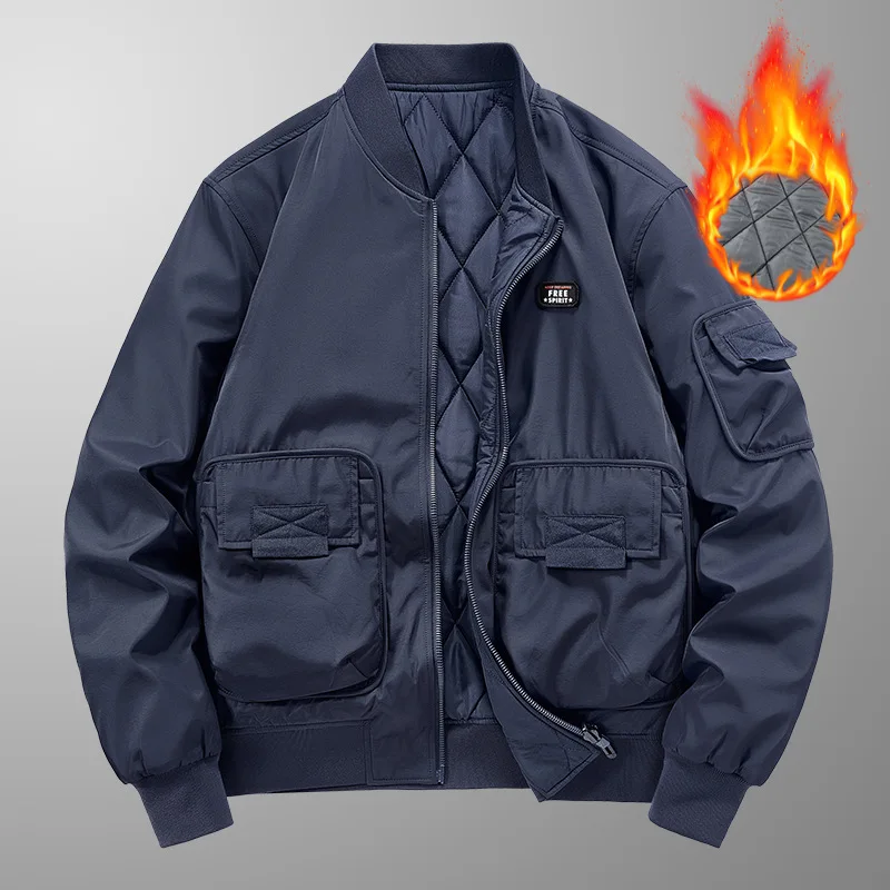 Autumn and Winter Spring Pure Color Loose Casual Multiple Pockets Thick and Warm Cotton Clothes Jacket Coat for Men