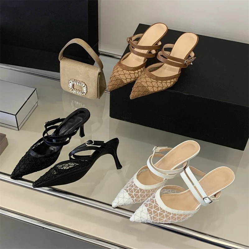 

Aneikeh Sexy Slippers Pointed Toe Buckle Mesh Women Slingback Pumps Thin High Heels Party Prom Dress Shoe Sandalias De Mujer
