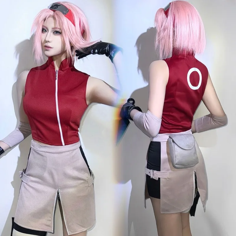 

Костюм аниме Harunoo для косплея Sakuraa, красный топ, короткие штаны с аксессуарами для парика, полный комплект для женщин, наряд для ролевых игр, тематическая вечеринка