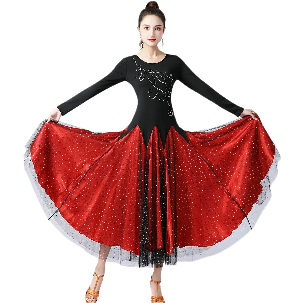 

High Quality Ballroom Dance Dress Women Performance Wear Dresses Modern Standard Tango Waltz Dress Long Sleeves
