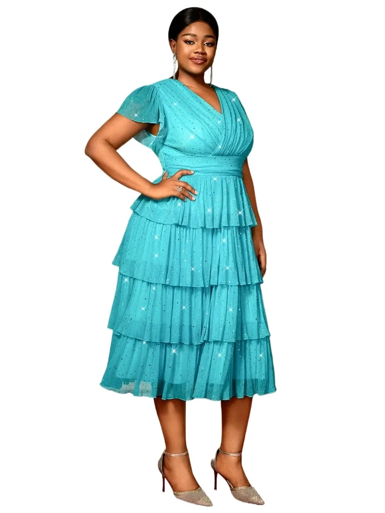

Women Plus Size Mesh Midi Dress V Neck Short Sleeves Sequins Layered Skirt Perfect for Wedding Guest Party or Special Occasions