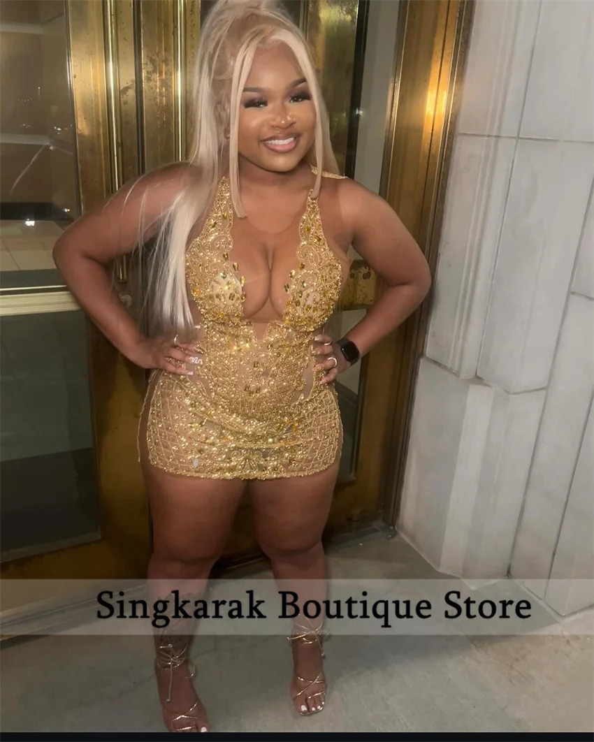 Glitter Gold Diamonds Prom Dresses Halter Beads Rhinestone Crystal Senior Birthday Cocktail Party Homecoming Customized 