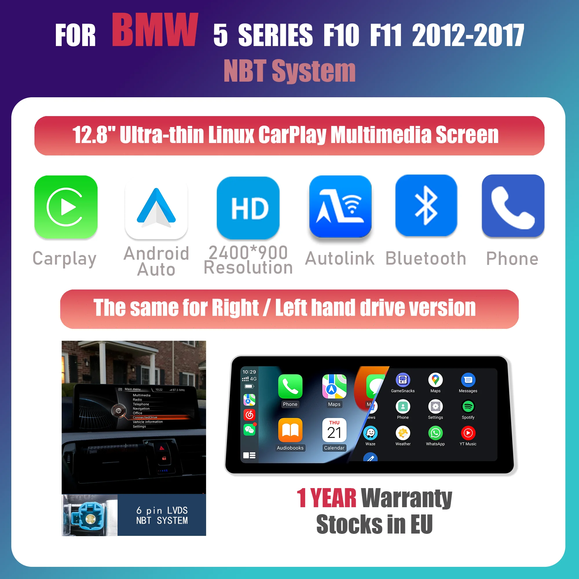 12.8“ 2400*900P Draadloze CarPlay Android Auto Autoradio Multimedia Voor BMW 5 Serie F10 F11 CIC NBT Systeem 2012-2017 GPS Stereo
