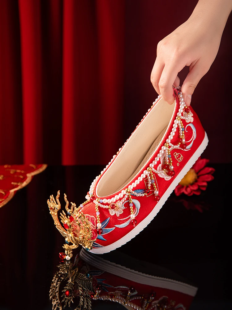 High Quality Handmade Hanfu Wedding Shoes Chinese Heavy Industry Beaded Woven Xiuhe Inner Height Increase Warped Pumps