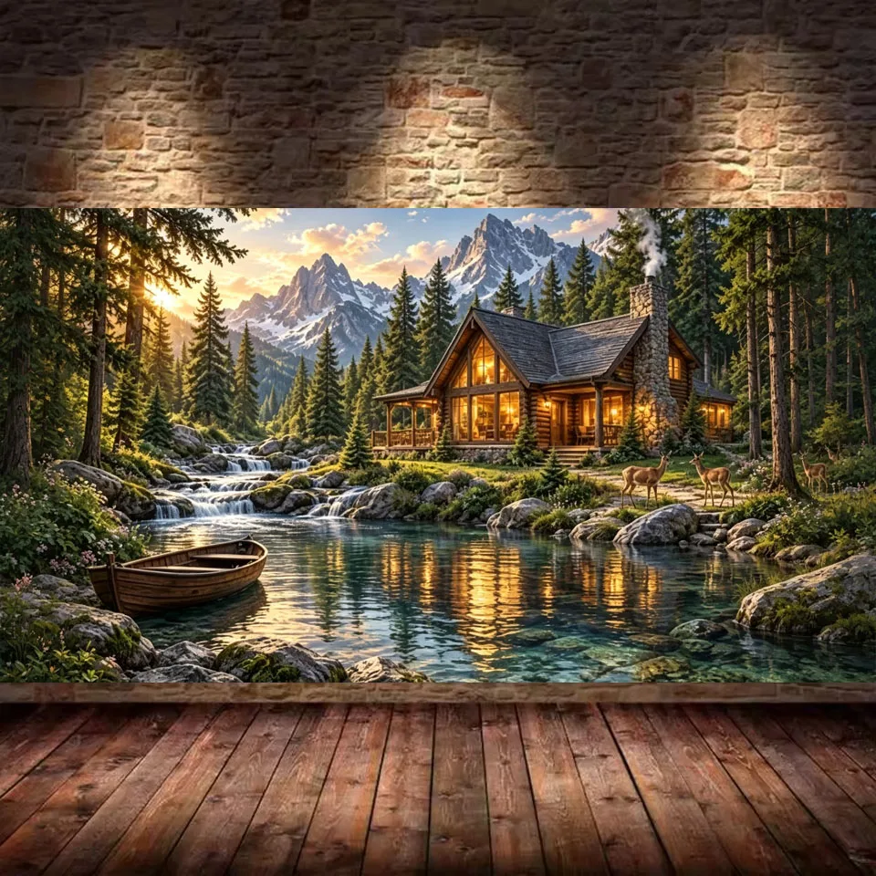 5D DIY Diamond Painting Art Sunrise Mountain Stream Wooden House Diamond Emboidery Mosaic Full Square Round Drill Cross-Stitch