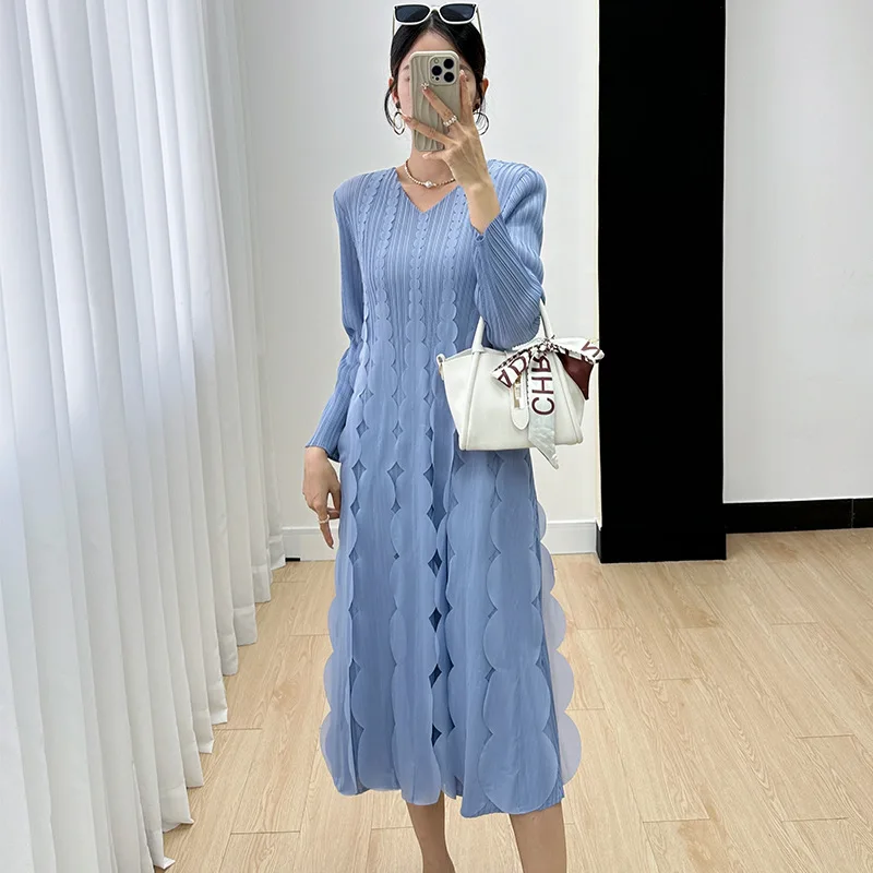 Miyake Dress Women's Fall 2024 New Spliced Lotus Leaf Casual Fashion Style Commuter Trend Age Reducing Slim Fit Mid Length Dress