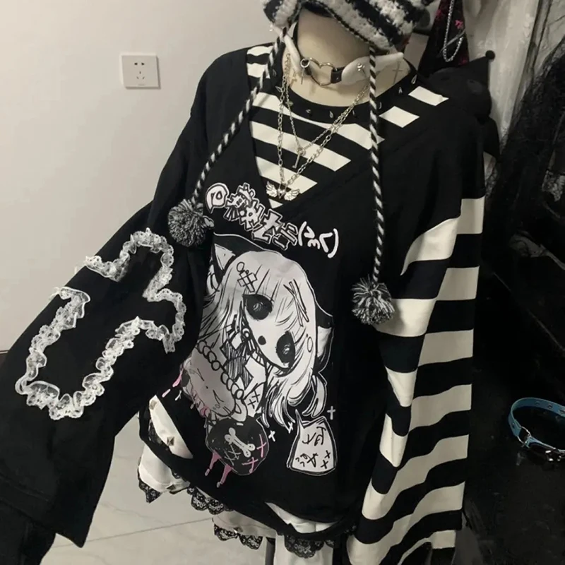 

Лоскутная футболка с принтом аниме, женская футболка с длинным рукавом в стиле Харадзюку Y2K, весенне-осенняя уличная свободная футболка с круглым вырезом, готический панк-топ