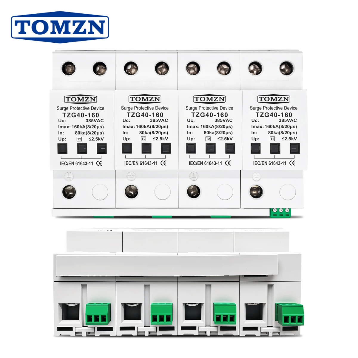 TOMZN AC SPD 4P 120KA 160KA 200KA surge protective device 385V High Current Din Rail T2 Telecommunication Remote-Signaling