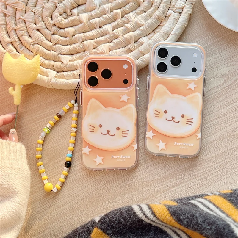 

Cute Cat Phone Case With Beaded Wrist Strap Lanyard For iPhone 17 16 15 14 Pro Max Shockproof Soft TPU Protective Cover for Girl