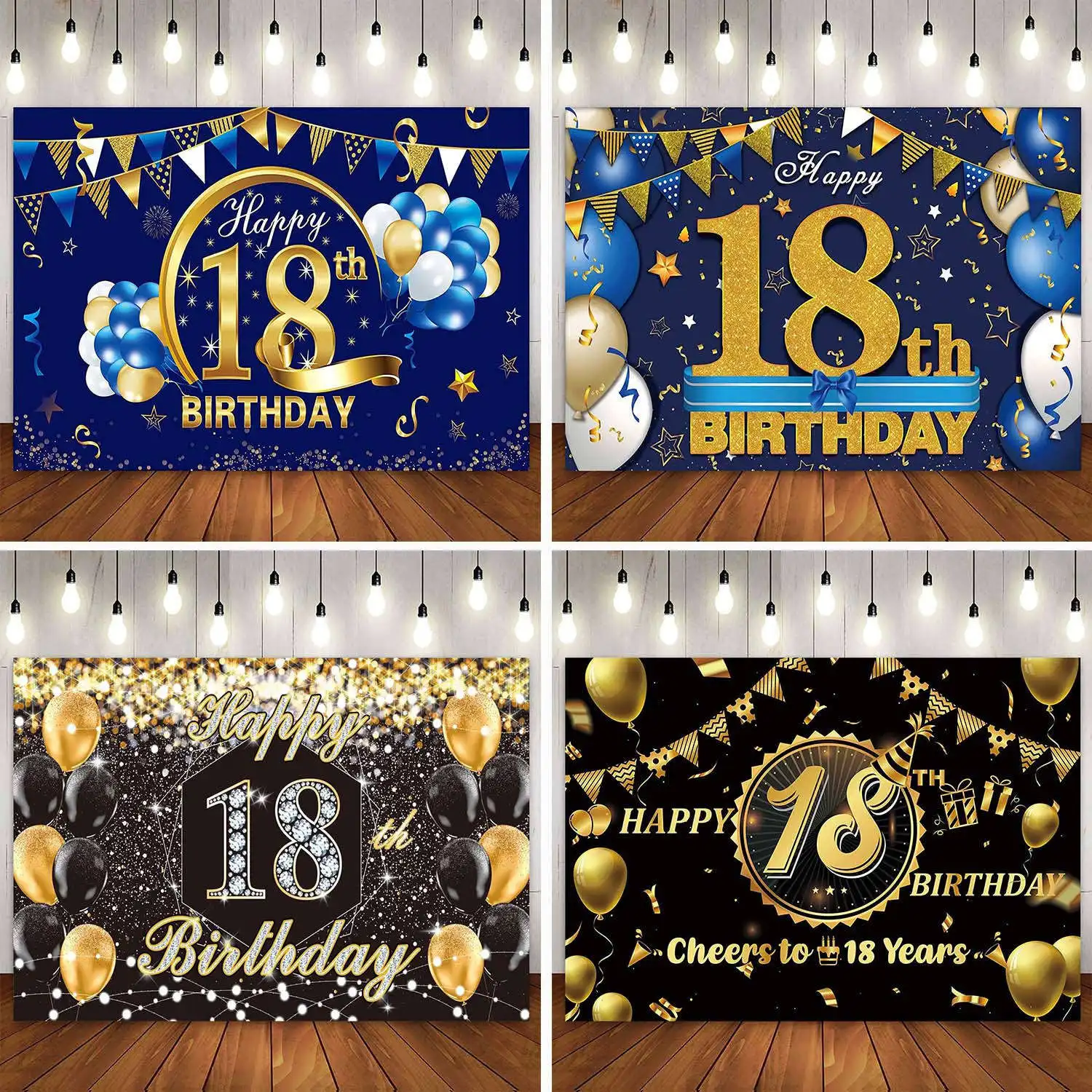 Happy 18th Birthday Party Decor Cake Banner Backdrop for Women Men Boys Girl 18 Years Old Black Gold Navy Blue Silver Background