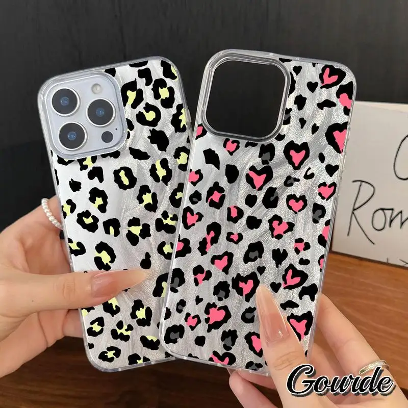 Gourde Leopard & Heart Mixed Advanced Silver Feather Laser Plating Glitter for iPhone 16 12 13 11 Pro Max Xr 14 15 Plus Cover