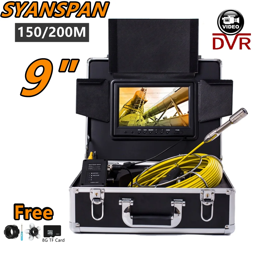 

9" DVR Recording Function 150/200M HD Screen SYANSPAN Pipe Inspection Camera IP68 Drain Sewer Pipeline Industrial Endoscope