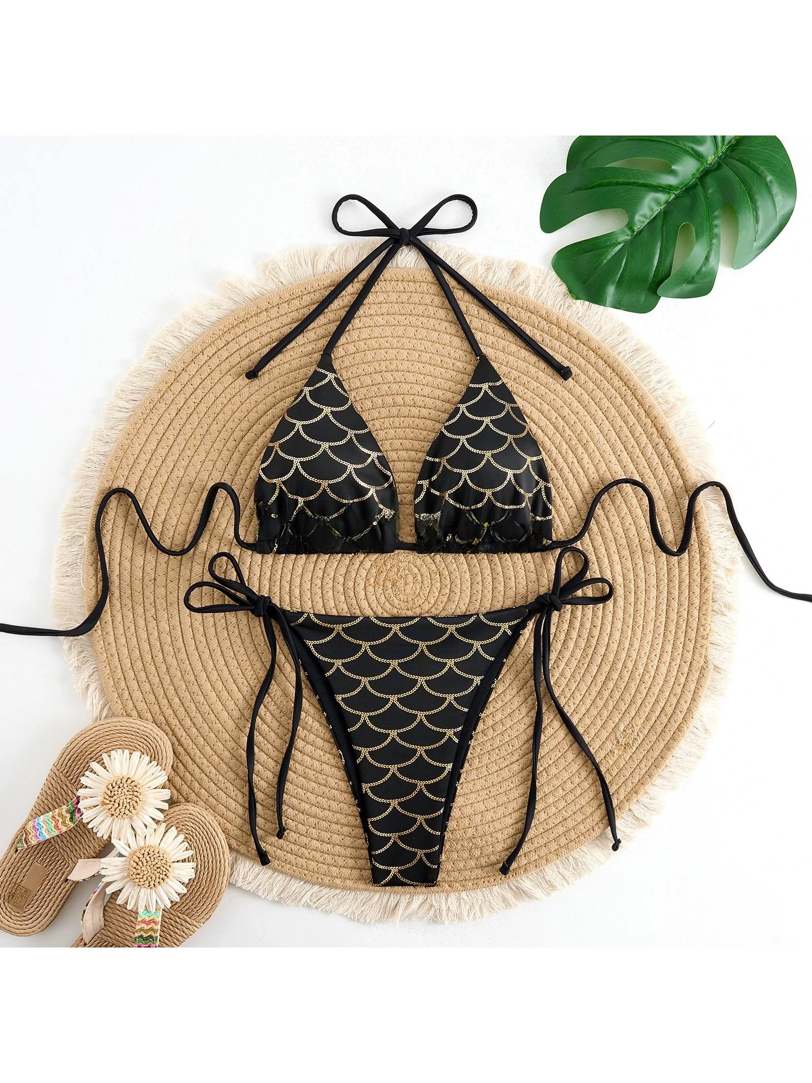 

iny Fi Sc Stripe Tie Dye Two Piece Bikini ter Lace up Swimsuit Polyester Material with Chest Pad No Steel Frame