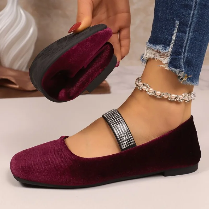

Womens Flat Shoes Flock Square Toe Slip on Mary Jane Flats Rhinestone Strap Casual Elegant Party Dress Daily Comfort Footwear
