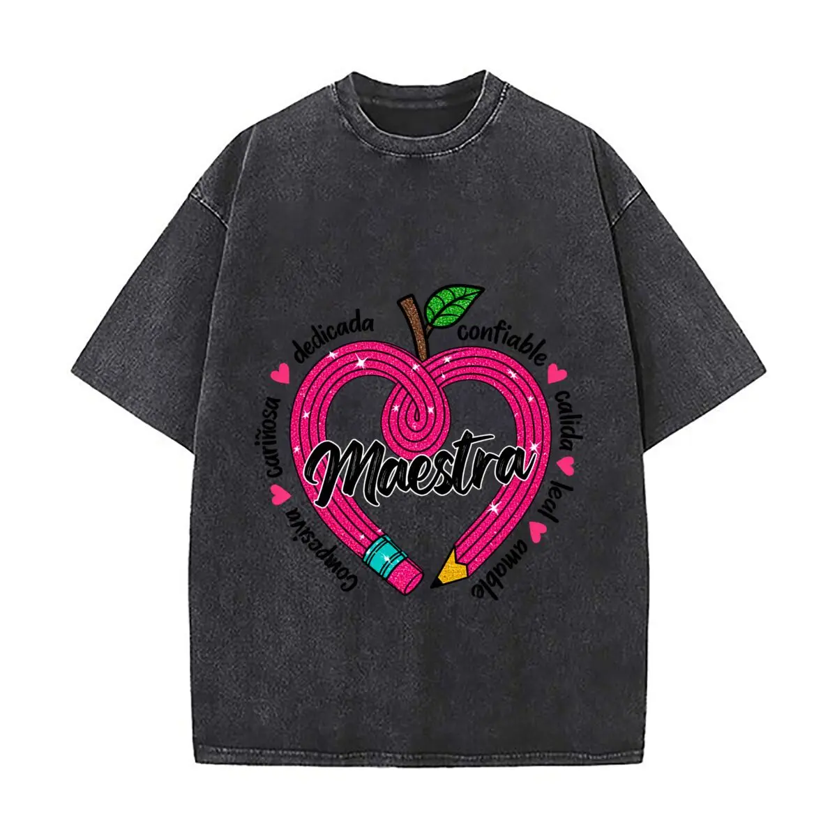 Maestra Pink Glitter Pencil Heart Apple Teacher Design Distressed Vintage Oversized Streetwear Tops for Coffee Dates