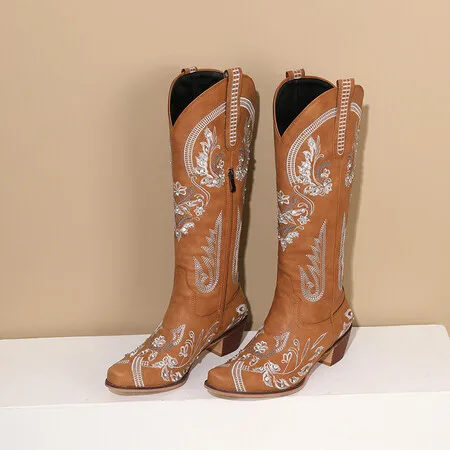 Vintage Cowboy Boots Low Heel Autumn Winter Women Shoes British Embroidered Design Western Mid-calf Boots Party Femmes Bottes