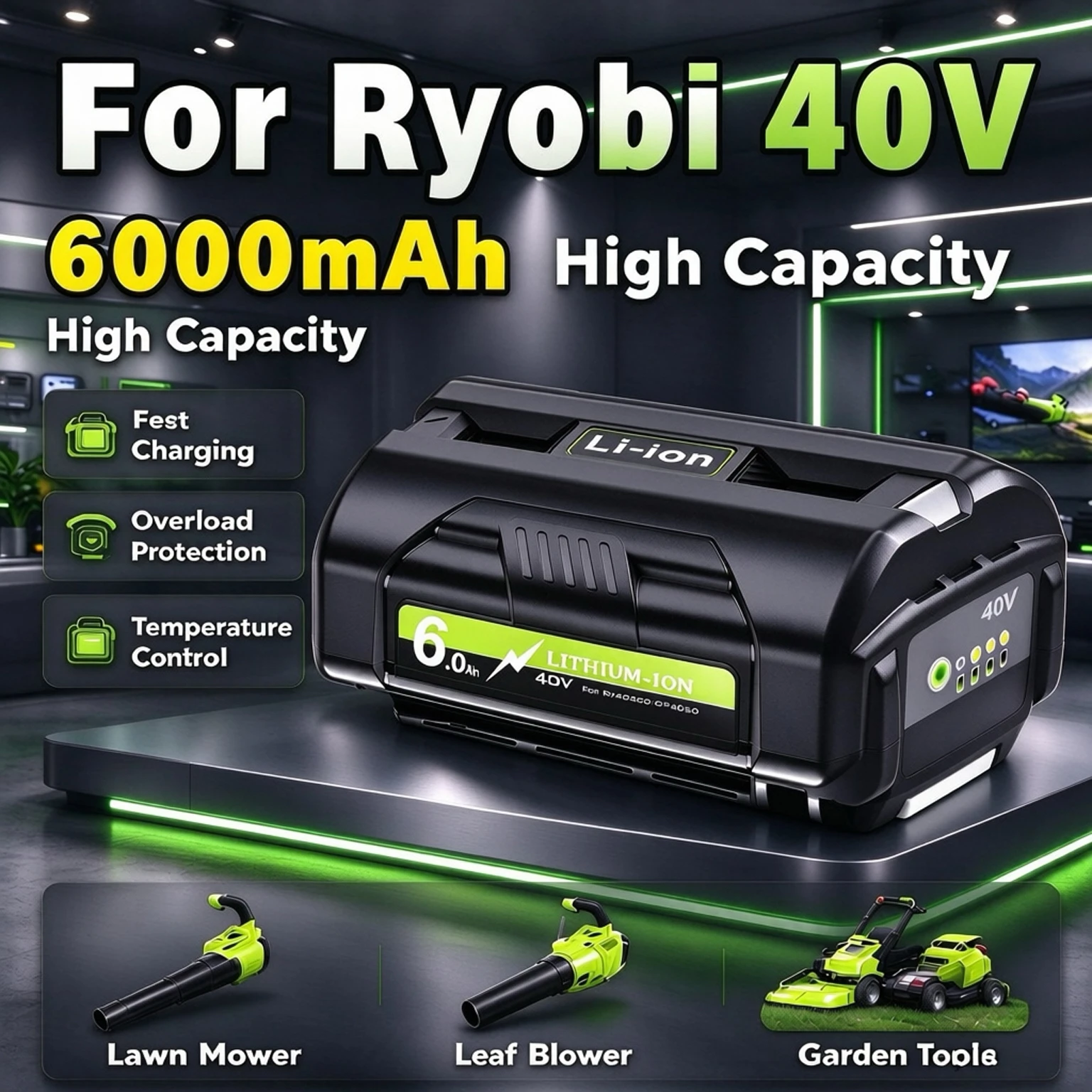 6.0Ah 40V Lithium Ion Battery Compatible with Ryobi 40V Series RY40200 GP4050 Cordless Lawn Mower Leaf Blower